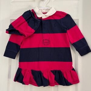 Ralph Lauren Baby Girl Fuchsia & Blue Polo Long Sleeve Dress with Bloomers